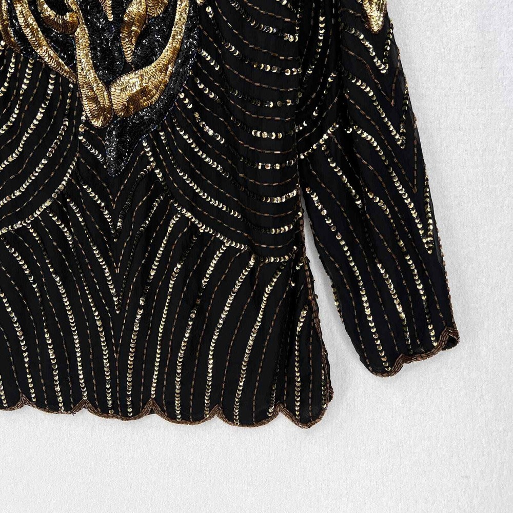VINTAGE 80s Sequin Top Women Small Black Gold Beaded Silk Party Blouse Disco - Picture 8 of 16